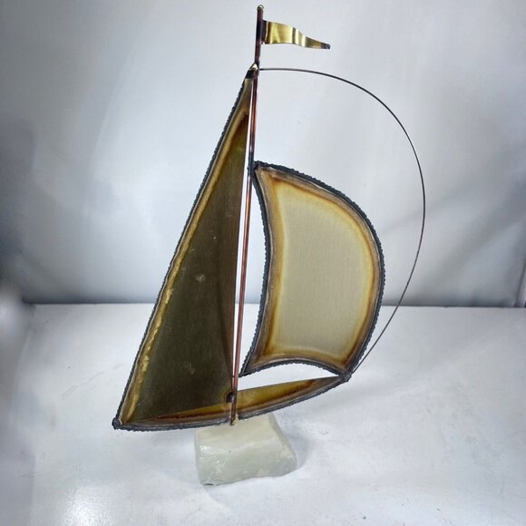 Vtg MCM Mario Jason Handmade Brass Sailboat Sculpture Marble Quartz Base Signed - Picture 2 of 9